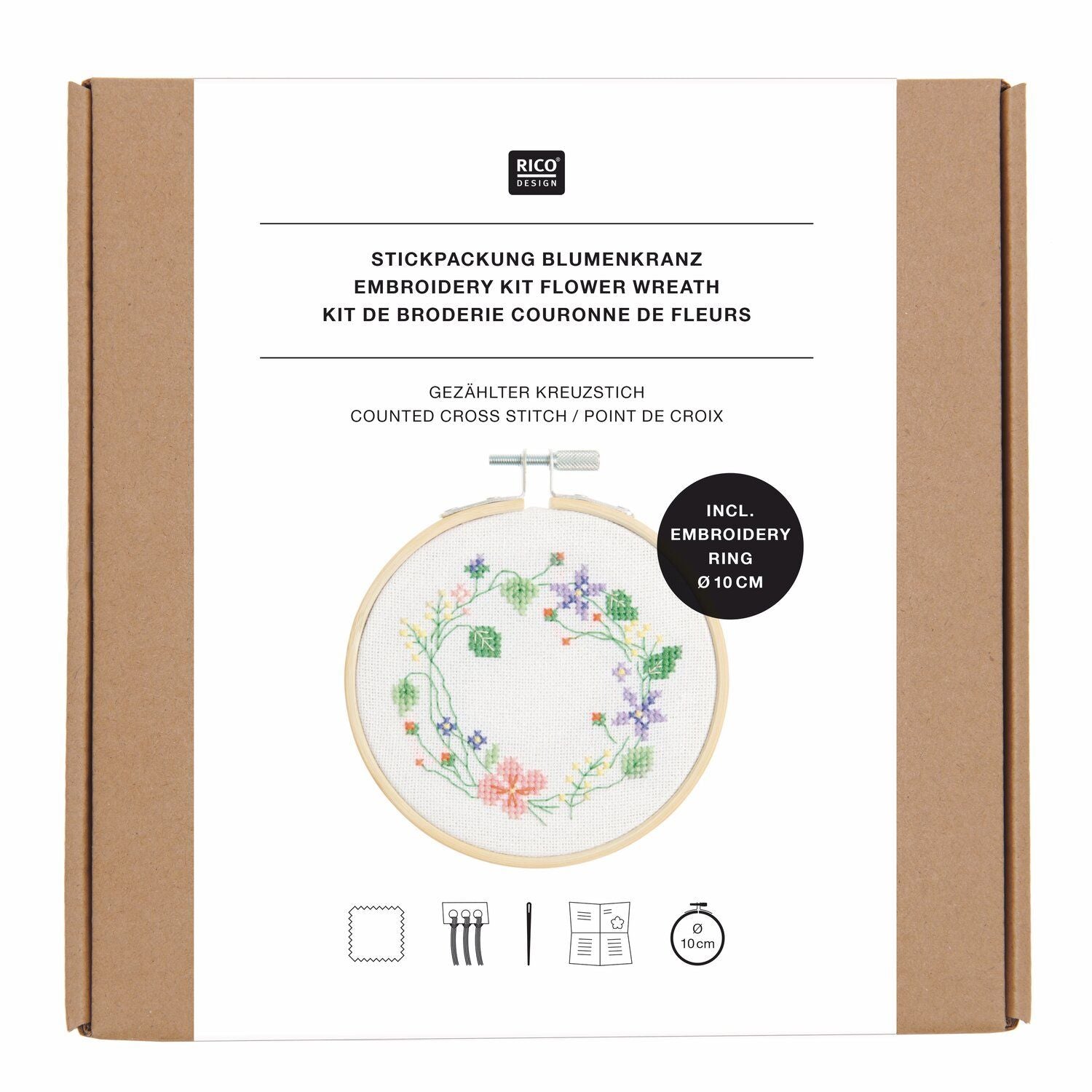 Rico Design Kit de broderie au point de croix compté « Couronne de fleurs »