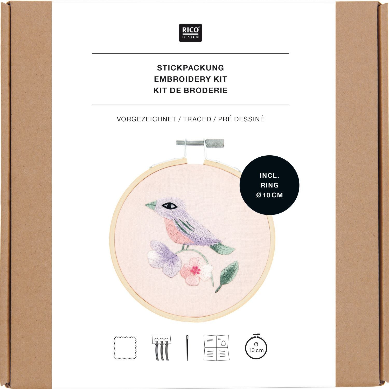 Rico Design Paquet de broderie Oiseau pré-dessiné